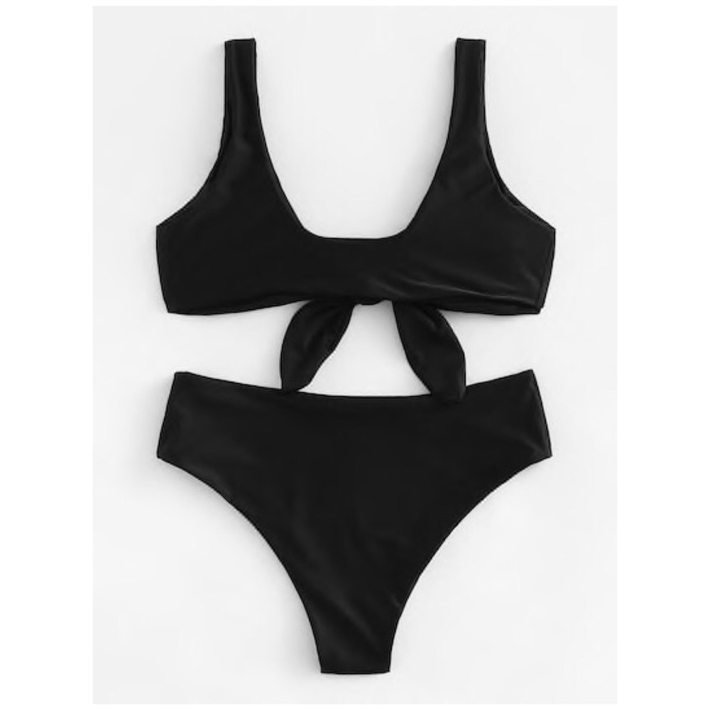 Black Bow Knot Plunge Bikini Swimsuit - Picture 3 of 6